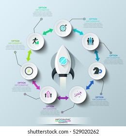 Infographic design template: spacecraft launch and 7 round elements connected by double-headed arrows. Successful startup development concept. Vector illustration for brochure, report, presentation.