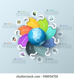 Infographic Design Template. Spiral Multicolored Elements With Question Mark Curving Around Globe, Pictograms And Text Boxes. International Problems Solving Concept. Vector Illustration For Report.