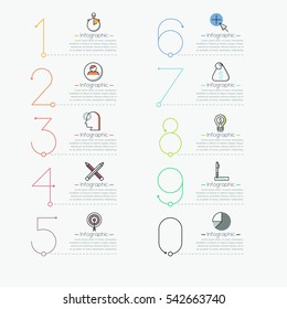 Infographic Design Template In Thin Line Style. Multicolored Figures, Pictograms And Text Boxes. List Of Business Project Features Concept. Vector Illustration For Report, Website Menu, Presentation.