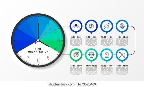 Infographic design template. Time organization with 8 steps. Can be used for workflow layout, diagram, banner, webdesign. Vector illustration