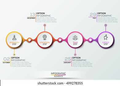 Infographic design template with timeline and 4 connected circular elements, monthly company's achievements concept, business planning and development steps. Vector illustration for presentation, ad.