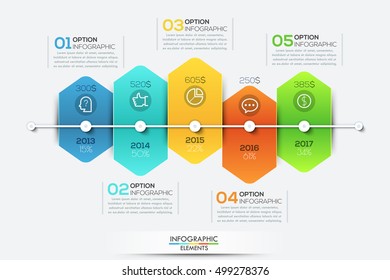 Infographic design template with timeline and 5 connected hexagonal elements, annual company's revenue growth concept, business development steps. Vector illustration for presentation, brochure.