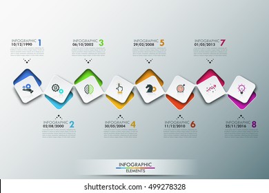 Infographic design template with timeline and 8 connected square elements, company development steps, achievements. Past and future business projects. Vector illustration for presentation, brochure.