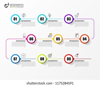 Infographic design template. Timeline concept with 9 steps. Can be used for workflow layout, diagram, banner, webdesign. Vector illustration