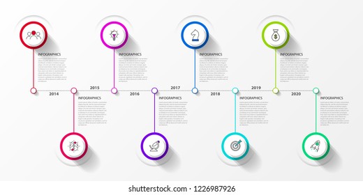 Infographic design template. Timeline concept with 8 steps. Can be used for workflow layout, diagram, banner, webdesign. Vector illustration