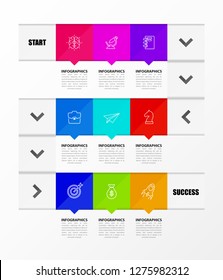 Infographic design template. Timeline concept with 9 steps. Can be used for workflow layout, diagram, banner, webdesign. Vector illustration
