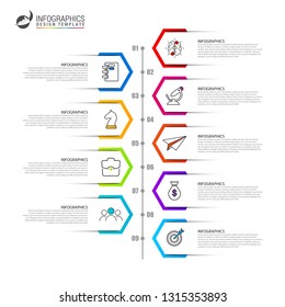 Infographic design template. Timeline concept with 9 steps. Can be used for workflow layout, diagram, banner, webdesign. Vector illustration