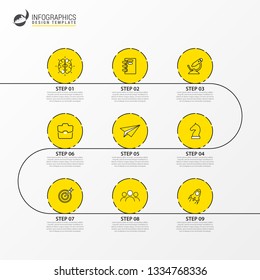 Infographic design template. Timeline concept with 9 steps. Can be used for workflow layout, diagram, banner, webdesign. Vector illustration