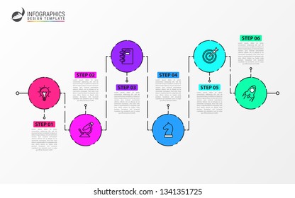 Infographic design template. Timeline concept with 6 steps. Can be used for workflow layout, diagram, banner, webdesign. Vector illustration