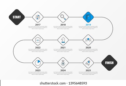 Infographic design template. Timeline concept with 9 steps. Can be used for workflow layout, diagram, banner, webdesign. Vector illustration