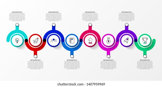 Infographic design template. Timeline concept with 8 steps. Can be used for workflow layout, diagram, banner, webdesign. Vector illustration