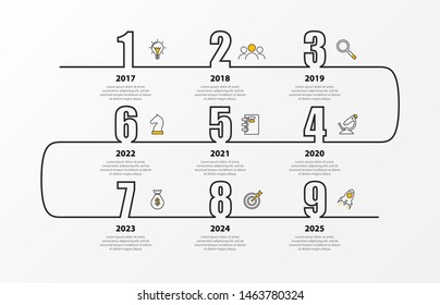 Infographic design template. Timeline concept with 9 steps. Can be used for workflow layout, diagram, banner, webdesign. Vector illustration