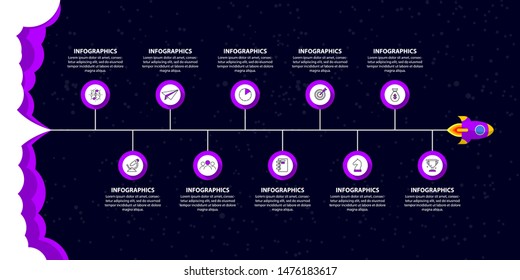 Infographic design template. Timeline concept with 10 steps. Can be used for workflow layout, diagram, banner, webdesign. Vector illustration