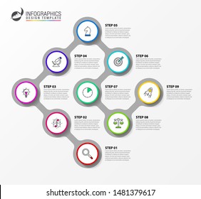 Infographic design template. Timeline concept with 9 steps. Can be used for workflow layout, diagram, banner, webdesign. Vector illustration
