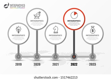 Infographic design template. Timeline concept with 5 steps. Can be used for workflow layout, diagram, banner, webdesign. Vector illustration