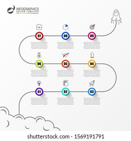 Infographic design template. Timeline concept with 9 steps. Can be used for workflow layout, diagram, banner, web design. Vector illustration