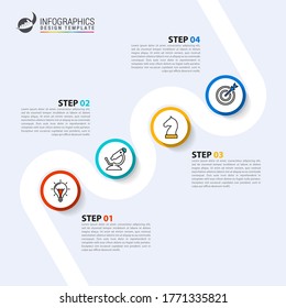 Plantilla de diseño infográfico. Concepto de línea de tiempo con 4 pasos. Se puede utilizar para diseño de flujo de trabajo, diagrama, banner, diseño web. Ilustración del vector