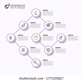 Infographic design template. Timeline concept with 9 steps. Can be used for workflow layout, diagram, banner, webdesign. Vector illustration