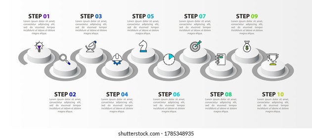 Infographic design template. Timeline concept with 10 steps. Can be used for workflow layout, diagram, banner, webdesign. Vector illustration