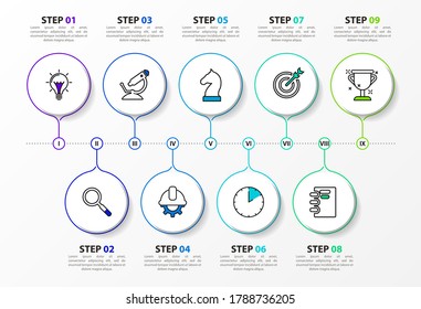 Infographic design template. Timeline concept with 9 steps. Can be used for workflow layout, diagram, banner, webdesign. Vector illustration