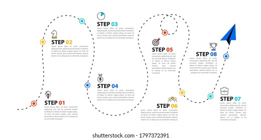 Infographic design template. Timeline concept with 8 steps. Can be used for workflow layout, diagram, banner, webdesign. Vector illustration