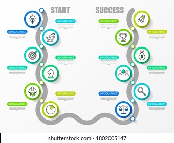 Plantilla de diseño infográfico. Concepto de línea de tiempo con 12 pasos. Se puede utilizar para diseño de flujo de trabajo, diagrama, banner, diseño web. Ilustración del vector