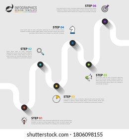 Infographic design template. Timeline concept with 6 steps. Can be used for workflow layout, diagram, banner, webdesign. Vector illustration