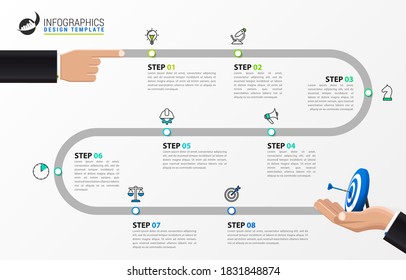 Infografische Design-Vorlage. Zeitkonzept mit 8 Schritten. Kann für Workflow-Layout, Diagramm, Banner, Webdesign verwendet werden. Vektorgrafik