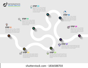 Infographic design template. Timeline concept with 8 steps. Can be used for workflow layout, diagram, banner, webdesign. Vector illustration