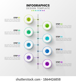 Plantilla de diseño infográfico. Concepto de línea de tiempo con 8 pasos. Se puede utilizar para diseño de flujo de trabajo, diagrama, banner, diseño web. Ilustración del vector