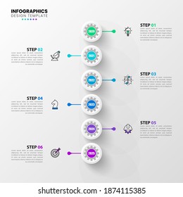 Plantilla de diseño infográfico. Concepto de línea de tiempo con 6 pasos. Se puede utilizar para diseño de flujo de trabajo, diagrama, banner, diseño web. Ilustración del vector