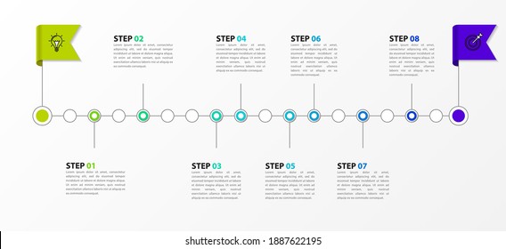 Infographic design template. Timeline concept with 8 steps. Can be used for workflow layout, diagram, banner, webdesign. Vector illustration