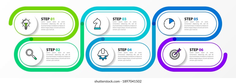 Infographic design template. Timeline concept with 6 steps. Can be used for workflow layout, diagram, banner, webdesign. Vector illustration