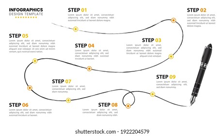 Infographic design template. Timeline concept with 9 steps. Can be used for workflow layout, diagram, banner, webdesign. Vector illustration