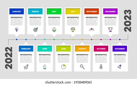 Infographic design template. Timeline concept with 12 steps. Can be used for workflow layout, diagram, banner, webdesign. Vector illustration