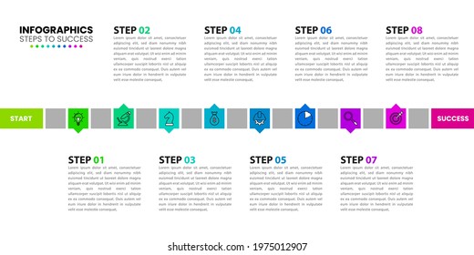 Infographic design template. Timeline concept with 8 steps. Can be used for workflow layout, diagram, banner, webdesign. Vector illustration