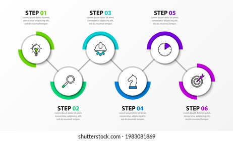 Plantilla de diseño infográfico. Concepto de línea de tiempo con 6 pasos. Se puede utilizar para diseño de flujo de trabajo, diagrama, banner, diseño web. Ilustración del vector