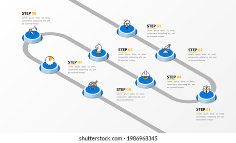 Infographic design template. Timeline concept with 8 steps. Can be used for workflow layout, diagram, banner, webdesign. Vector illustration