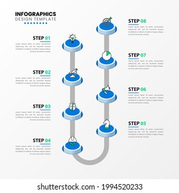 Infographic design template. Timeline concept with 8 steps. Can be used for workflow layout, diagram, banner, webdesign. Vector illustration