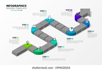 Infographic design template. Timeline concept with 8 steps. Can be used for workflow layout, diagram, banner, webdesign. Vector illustration