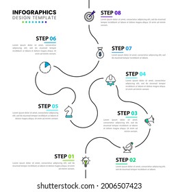 Infographic design template. Timeline concept with 8 steps. Can be used for workflow layout, diagram, banner, webdesign. Vector illustration