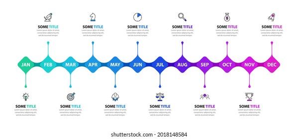 Infographic design template. Timeline concept with 12 steps. Can be used for workflow layout, diagram, banner, webdesign. Vector illustration