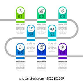 Infographic design template. Timeline concept with 8 steps. Can be used for workflow layout, diagram, banner, webdesign. Vector illustration