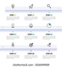 Infographic design template. Timeline concept with 9 steps. Can be used for workflow layout, diagram, banner, webdesign. Vector illustration