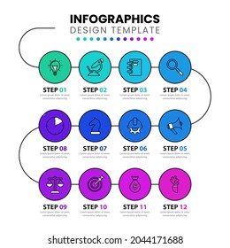 Infographic design template. Timeline concept with 12 steps. Can be used for workflow layout, diagram, banner, webdesign. Vector illustration