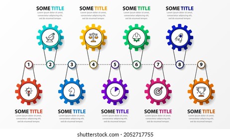 Infographic design template. Timeline concept with 9 steps. Can be used for workflow layout, diagram, banner, webdesign. Vector illustration