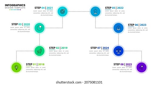 Plantilla de diseño infográfico. Concepto de línea de tiempo con 8 pasos. Se puede utilizar para diseño de flujo de trabajo, diagrama, banner, diseño web. Ilustración del vector