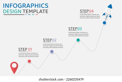 Plantilla de diseño infográfico. Concepto de línea de tiempo con 4 opciones o plantilla de pasos. diseño, diagrama, anual, roket, inicio, informe, presentación. Ilustración vectorial.
