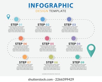 Infographic design template. Timeline concept with 9 options or steps template. layout, diagram, annual, pin location, start up, report, presentation. Vector illustration.