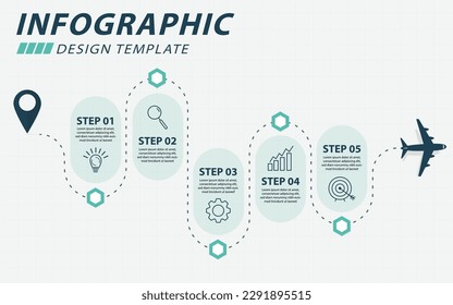 Infographic design template. Timeline concept with 5 options or steps template. layout, diagram, annual, airplanes, travel, report, presentation. Vector illustration.